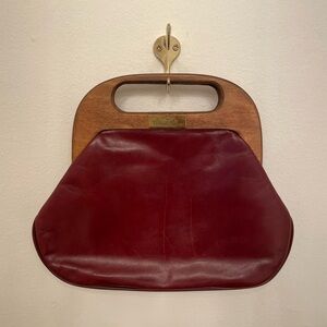 Vintage 70s Etienne Aigner Oxblood Red Leather Clutch Handbag Wood Handle